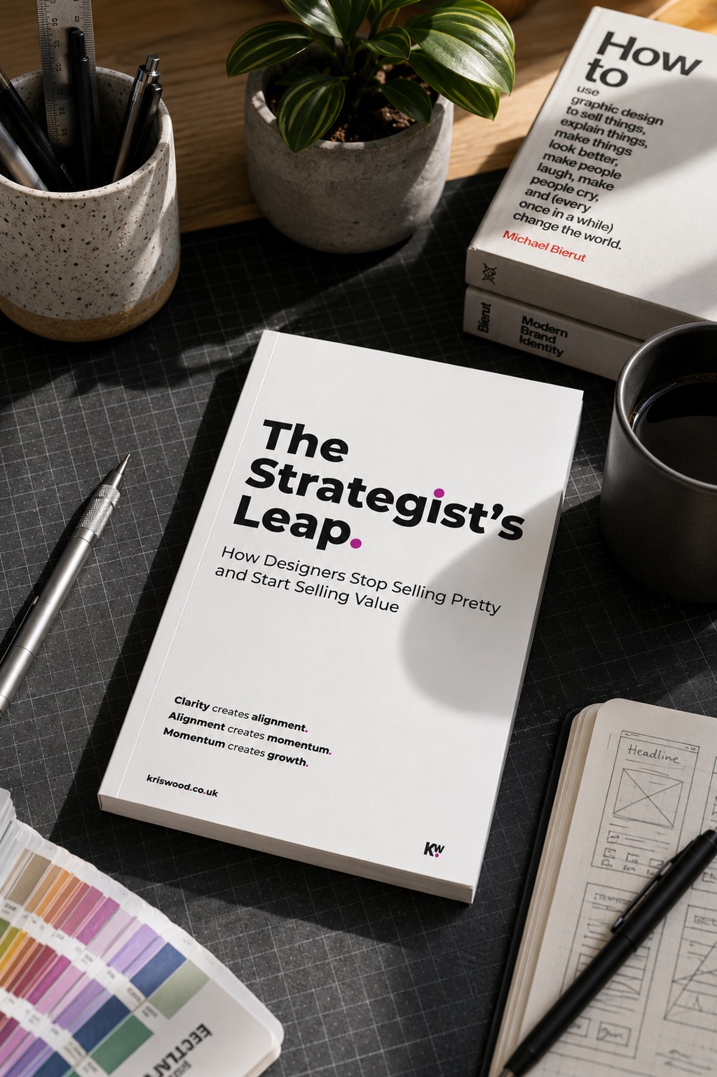 The Strategist's Leap book on a designer's desk